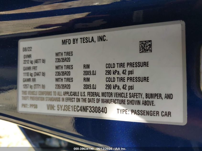 2022 Tesla Model 3 Performance Dual Motor All-Wheel Drive VIN: 5YJ3E1EC4NF330840 Lot: 39634190