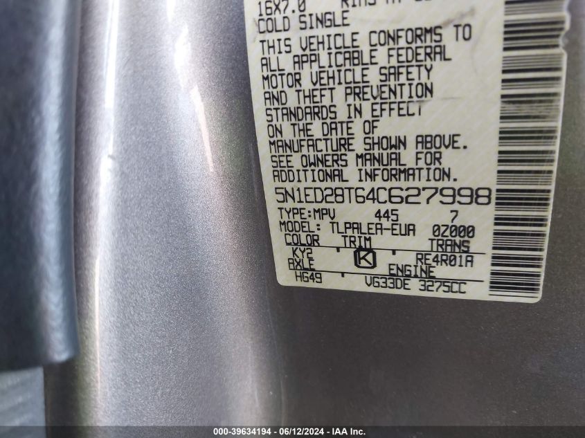 2004 Nissan Xterra Xe VIN: 5N1ED28T64C627998 Lot: 39634194