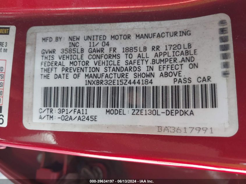 2005 Toyota Corolla Ce VIN: 1NXBR32E15Z444184 Lot: 39634197