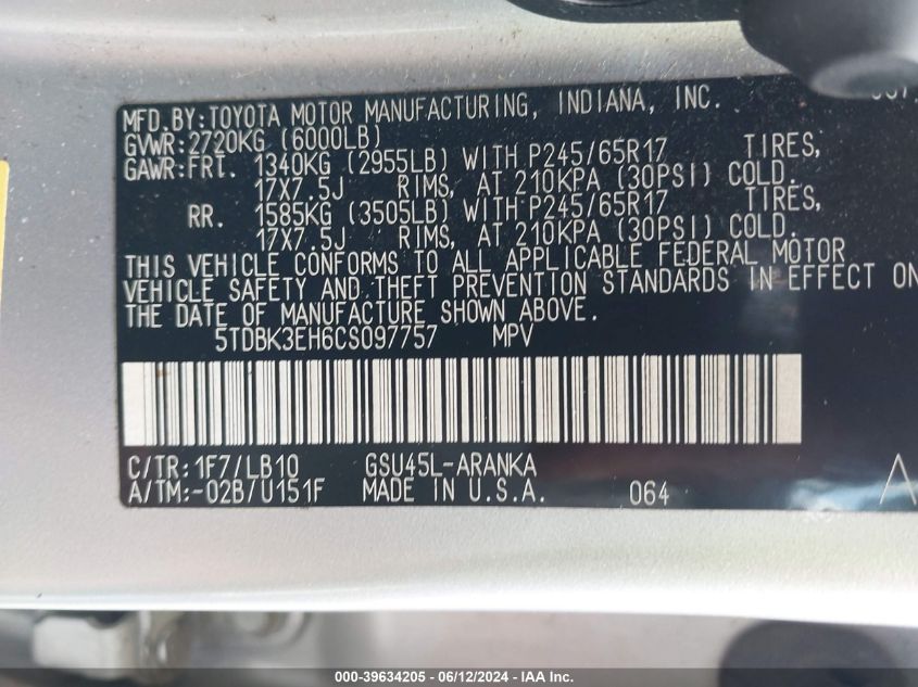 2012 Toyota Highlander Se V6 VIN: 5TDBK3EH6CS097757 Lot: 39634205