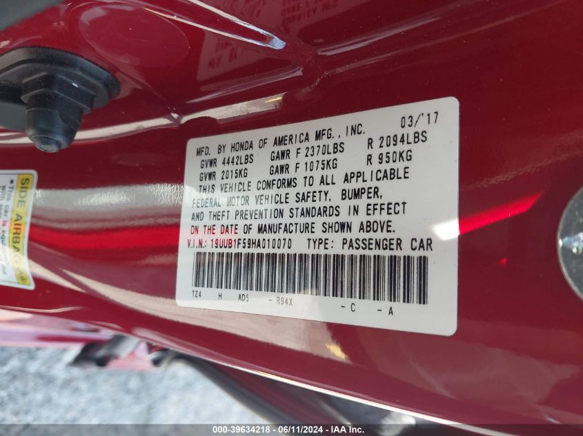 2017 Acura Tlx Technology Package VIN: 19UUB1F59HA010070 Lot: 39634218