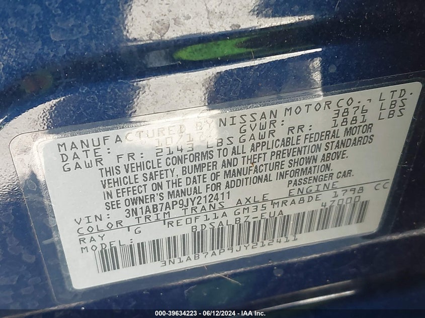 2018 Nissan Sentra S VIN: 3N1AB7AP9JY212411 Lot: 39634223