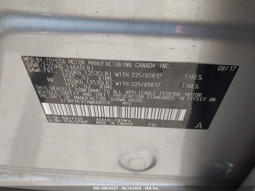 VIN 2T3RFREV7HW688956 2017 TOYOTA RAV4 XLE