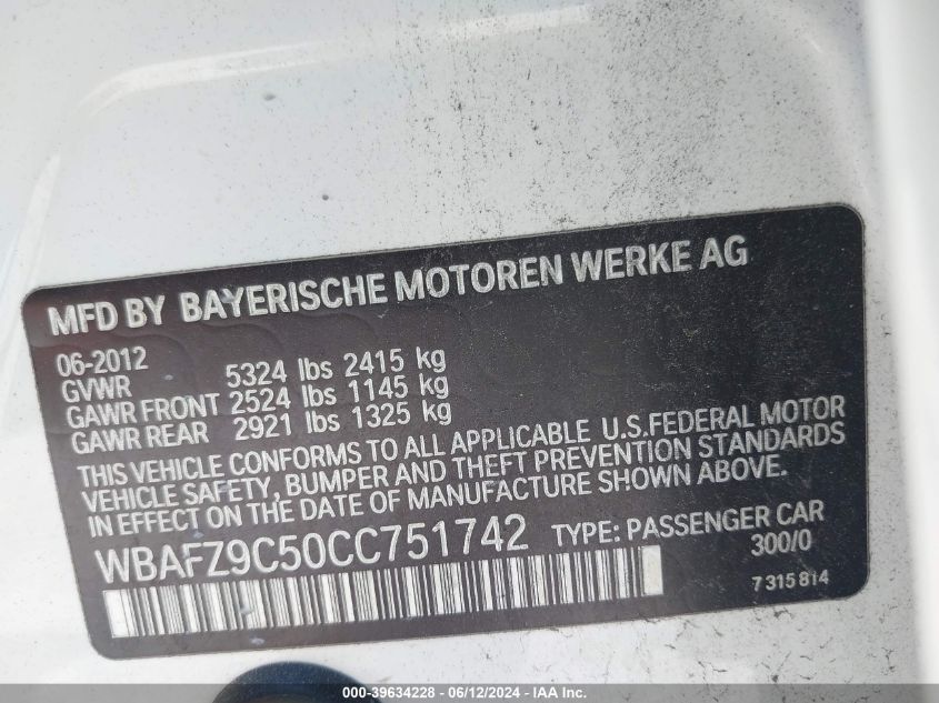 2012 BMW Activehybrid 5 VIN: WBAFZ9C50CC751742 Lot: 39634228