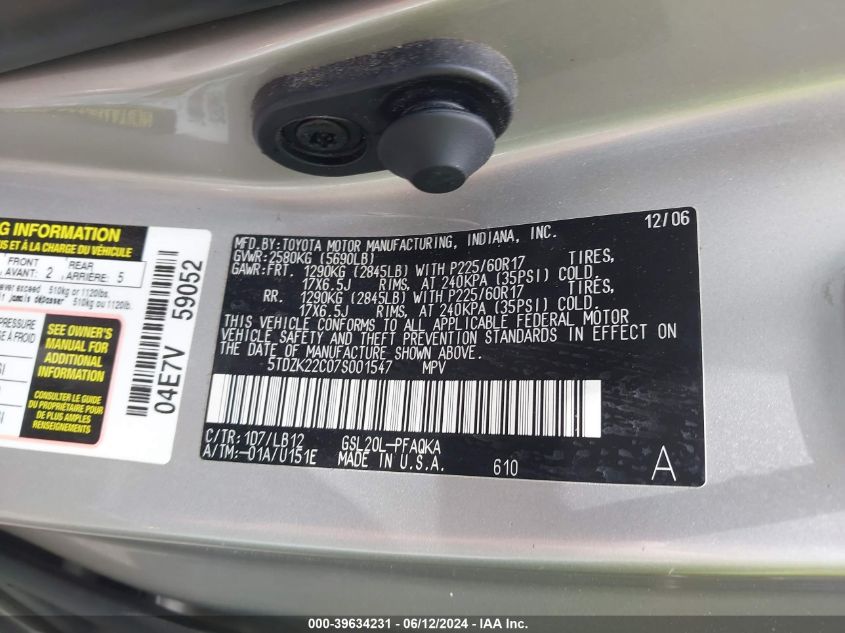 2007 Toyota Sienna Xle Limited VIN: 5TDZK22C07S001547 Lot: 39634231