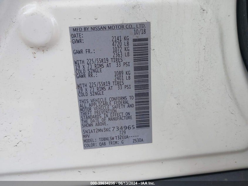2019 Nissan Rogue Sl VIN: 5N1AT2MV3KC734965 Lot: 39634235
