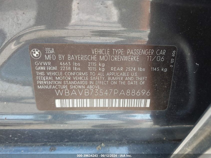 2007 BMW 335I VIN: WBAVB73547PA88696 Lot: 39634243