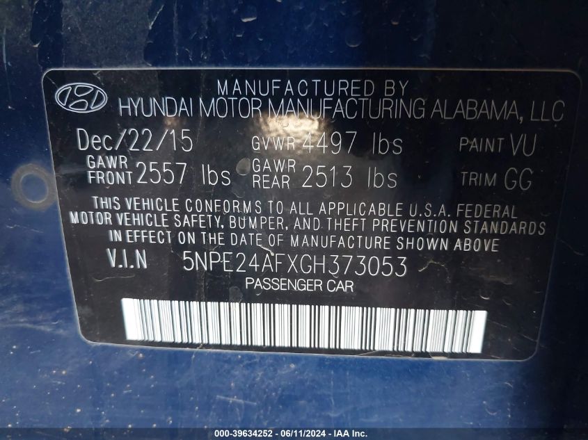 2016 Hyundai Sonata Se VIN: 5NPE24AFXGH373053 Lot: 39634252