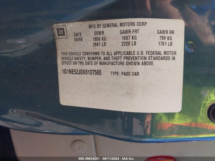 1999 Chevrolet Malibu Ls VIN: 1G1NE52J8X6107565 Lot: 39634251