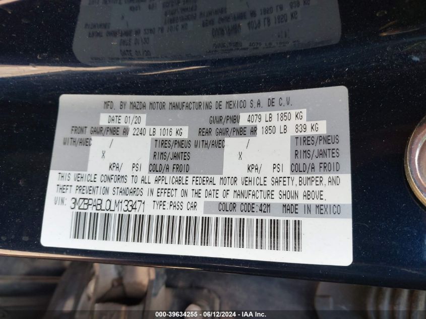 2020 Mazda Mazda3 VIN: 3MZBPABL0LM133471 Lot: 39634255