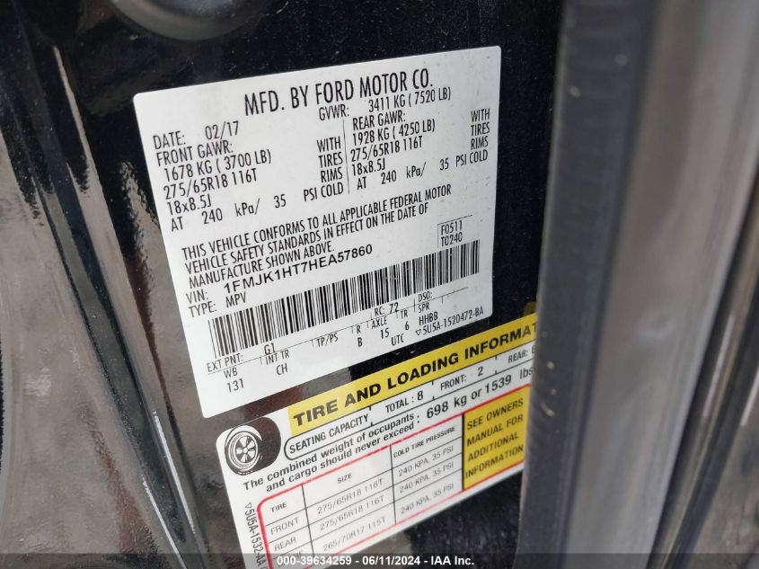 2017 Ford Expedition El Xlt VIN: 1FMJK1HT7HEA57860 Lot: 39634259