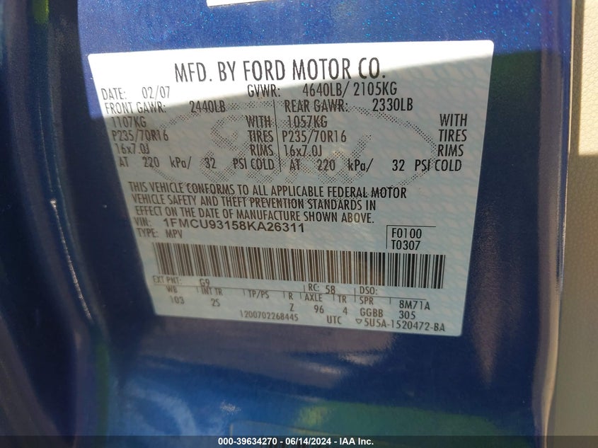 2008 Ford Escape Xlt VIN: 1FMCU93158KA26311 Lot: 39634270