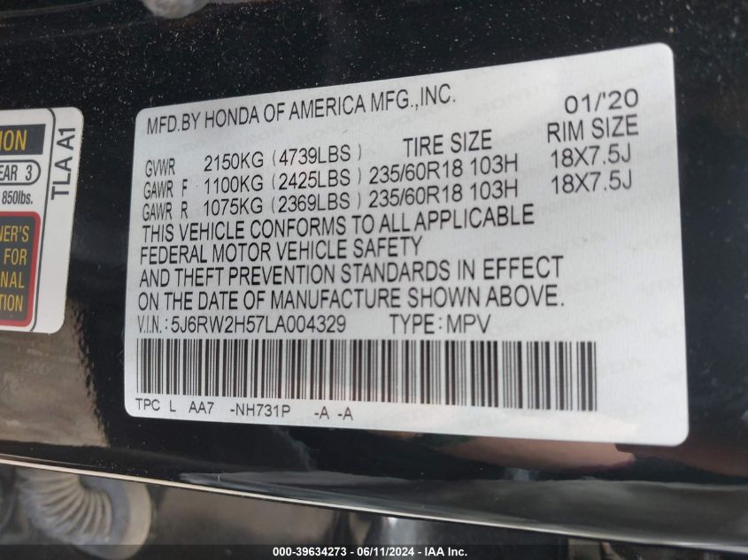 2020 Honda Cr-V Awd Ex VIN: 5J6RW2H57LA004329 Lot: 39634273