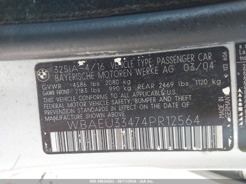 2004 BMW 325Xi VIN: WBAEU33474PR12564 Lot: 39634283
