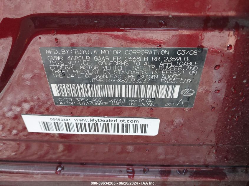 2008 Lexus Es 350 VIN: JTHBJ46GX82233237 Lot: 39634285