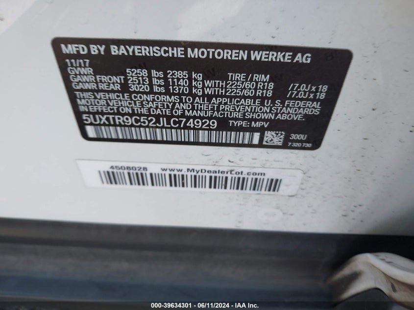 2018 BMW X3 xDrive30I VIN: 5UXTR9C52JLC74929 Lot: 39634301