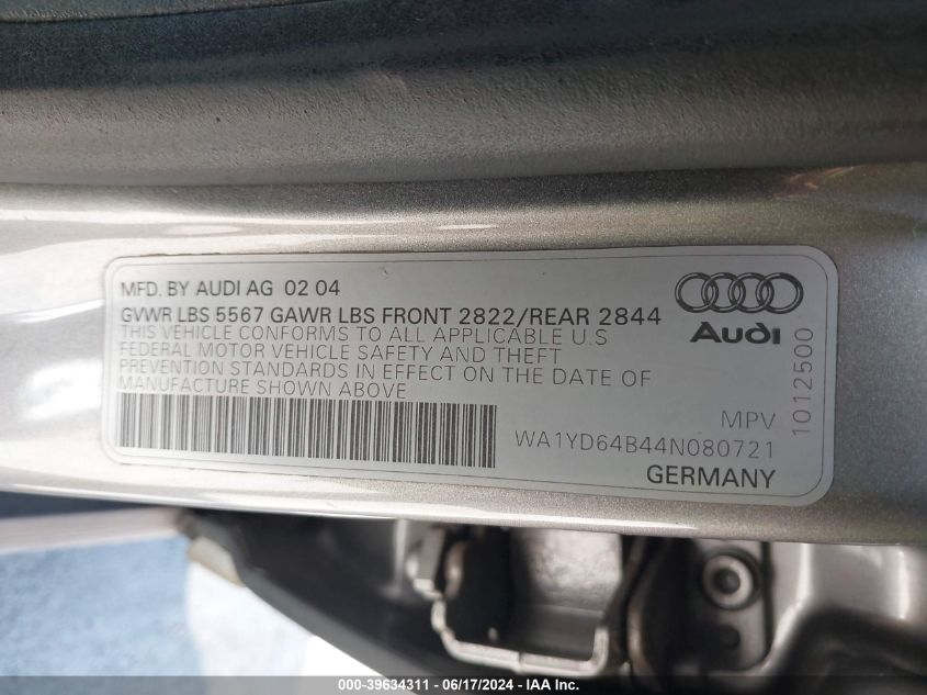 2004 Audi Allroad 2.7T VIN: WA1YD64B44N080721 Lot: 39634311