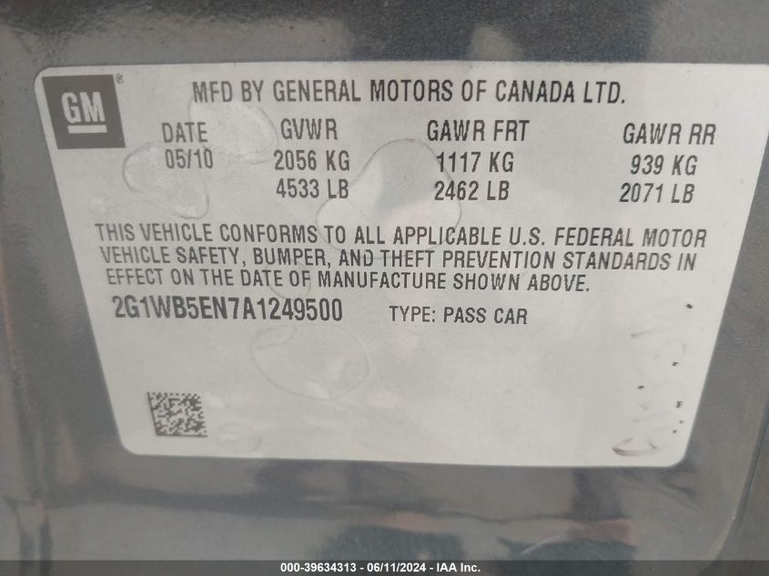 2010 Chevrolet Impala Lt VIN: 2G1WB5EN7A1249500 Lot: 39634313
