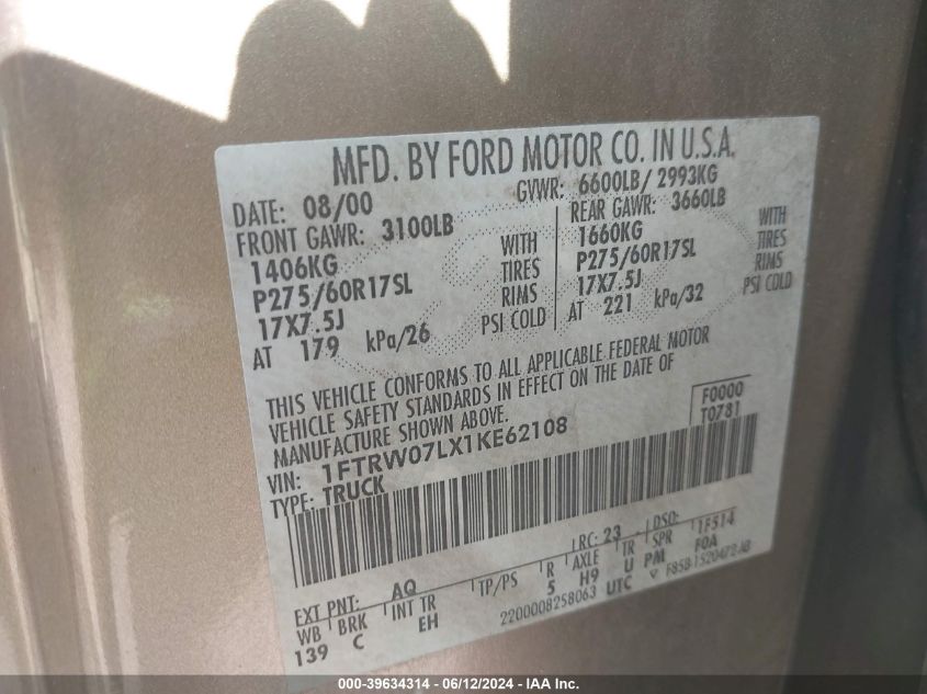 2001 Ford F-150 Harley-Davidson Edition/King Ranch Edition/Lariat/Xlt VIN: 1FTRW07LX1KE62108 Lot: 39634314
