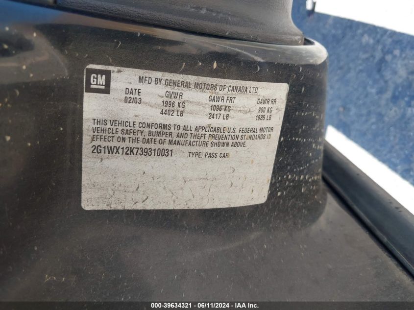 2003 Chevrolet Monte Carlo Ss VIN: 2G1WX12K739310031 Lot: 39634321