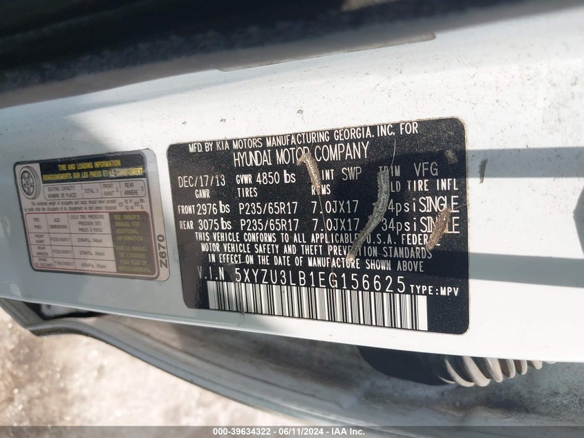 2014 Hyundai Santa Fe Sport 2.4L VIN: 5XYZU3LB1EG156625 Lot: 39634322