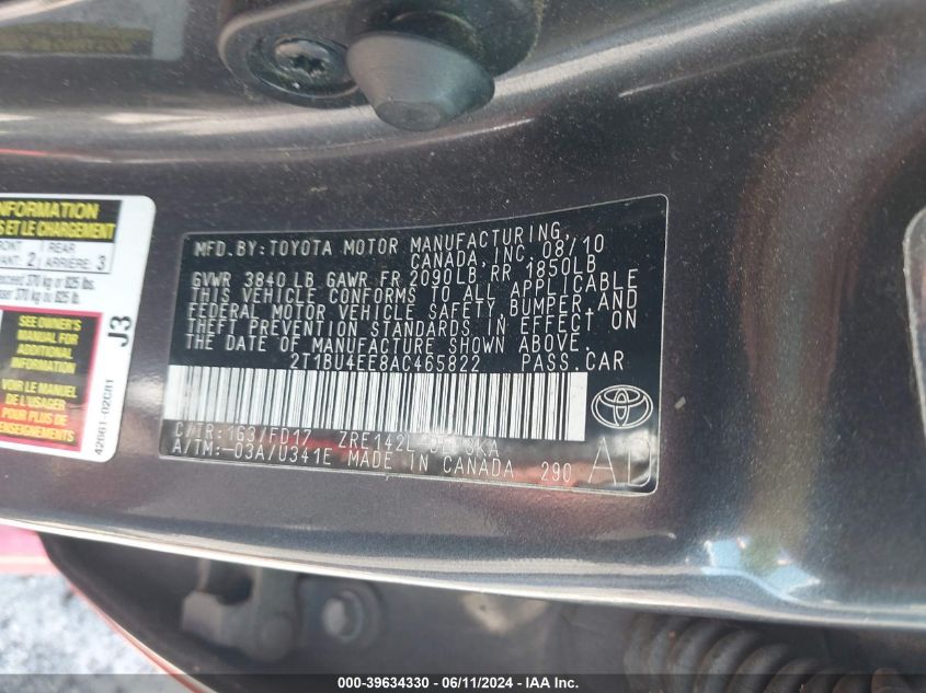 2010 Toyota Corolla S VIN: 2T1BU4EE8AC465822 Lot: 39634330