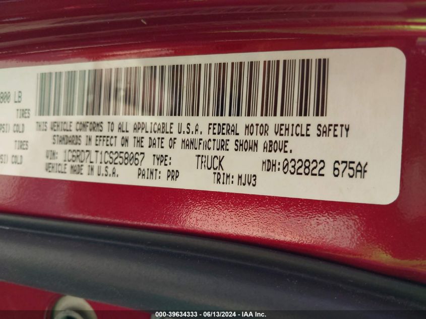 2012 Ram 1500 Slt VIN: 1C6RD7LT1CS258067 Lot: 39634333