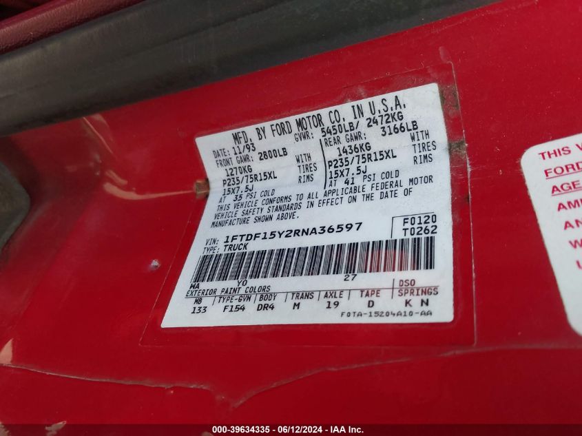 1994 Ford F150 VIN: 1FTDF15Y2RNA36597 Lot: 39634335