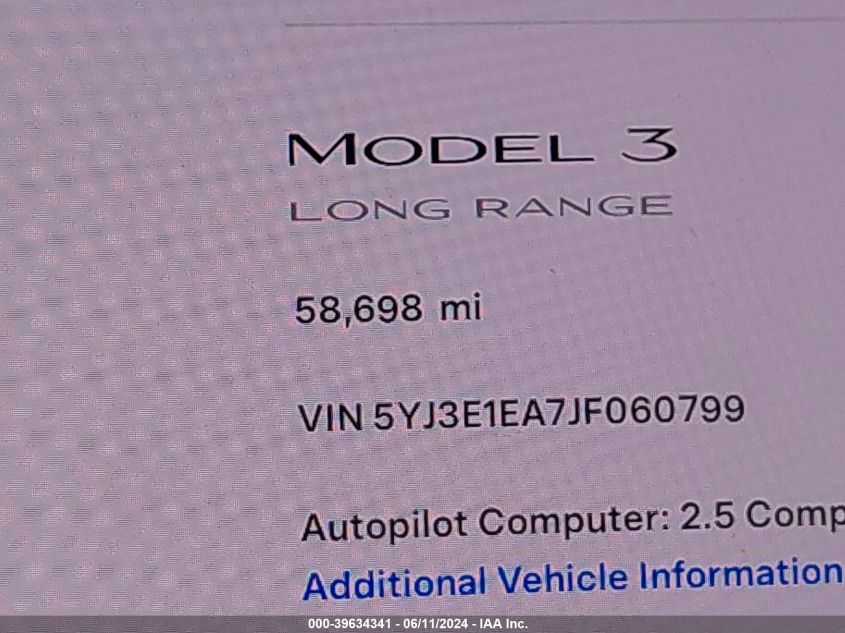 2018 Tesla Model 3 Long Range/Mid Range VIN: 5YJ3E1EA7JF060799 Lot: 39634341