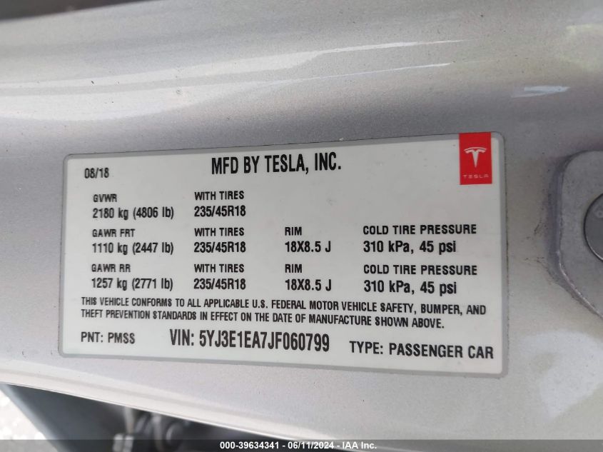 2018 Tesla Model 3 Long Range/Mid Range VIN: 5YJ3E1EA7JF060799 Lot: 39634341