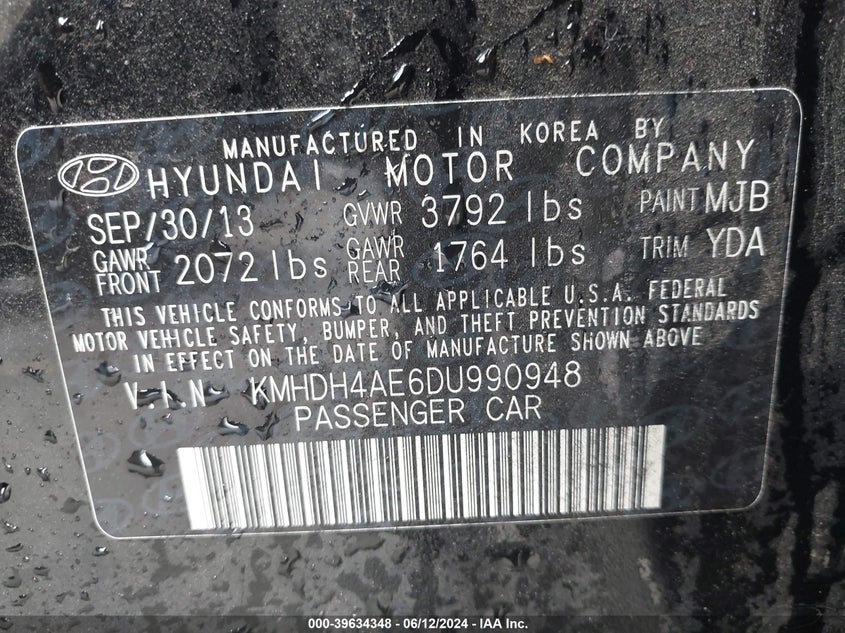 2013 Hyundai Elantra Gls VIN: KMHDH4AE6DU990948 Lot: 39634348