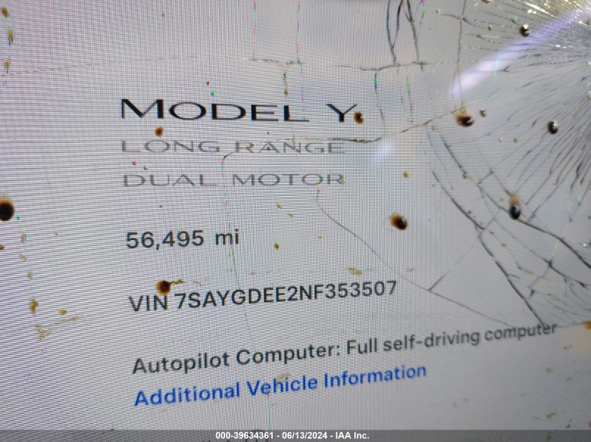 2022 Tesla Model Y Long Range Dual Motor All-Wheel Drive VIN: 7SAYGDEE2NF353507 Lot: 39634361