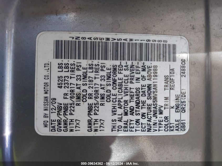 2010 Nissan Rogue Sl VIN: JN8AS5MV5AW119988 Lot: 39634362