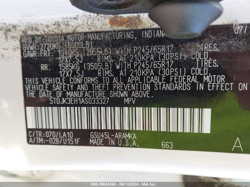 2010 Toyota Highlander Se V6 VIN: 5TDJK3EH1AS033327 Lot: 39634363