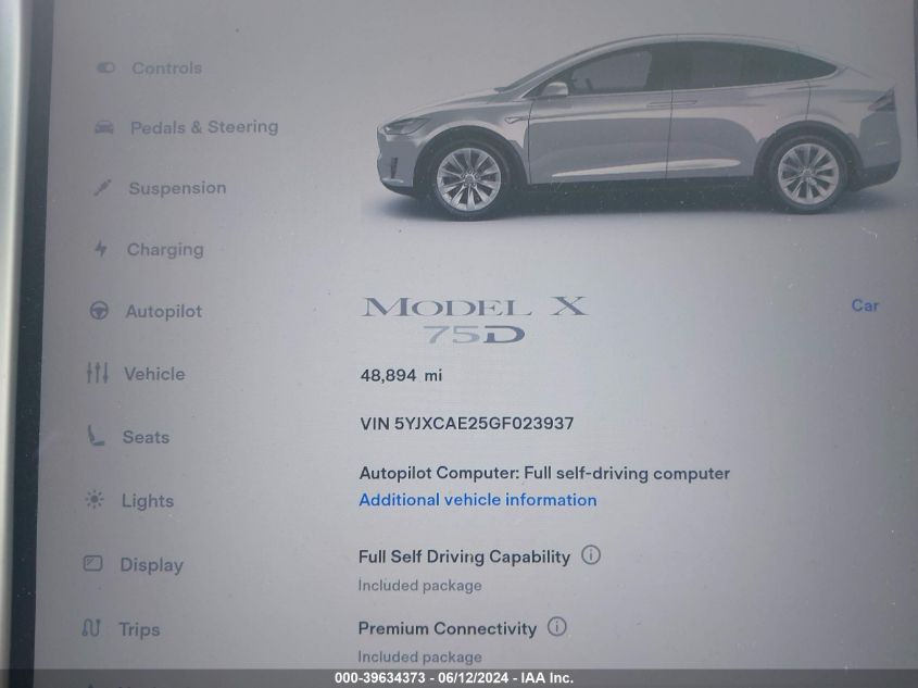 2016 Tesla Model X VIN: 5YJXCAE25GF023937 Lot: 39634373