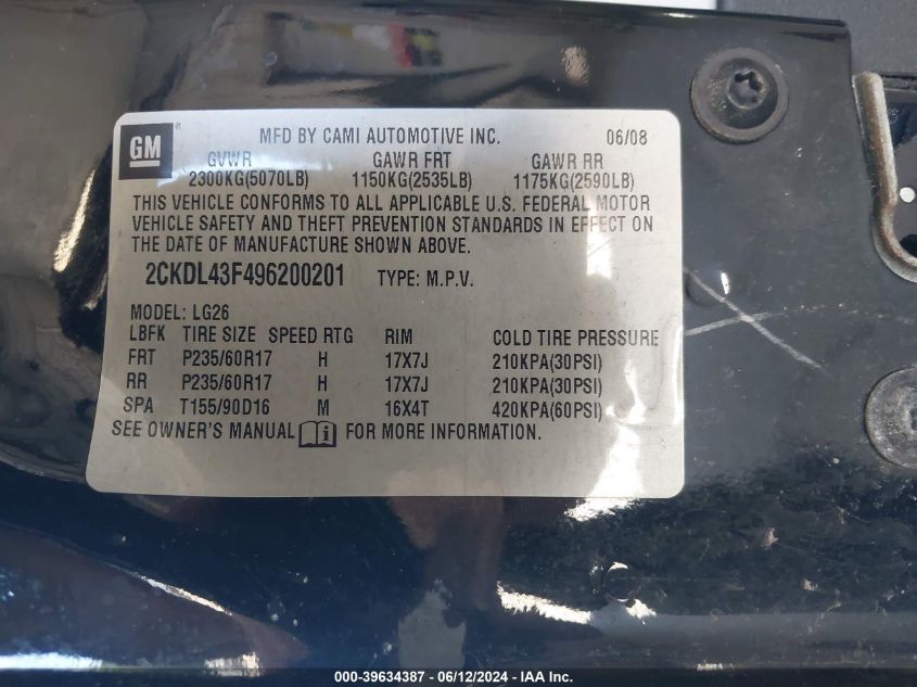 2009 Pontiac Torrent VIN: 2CKDL43F496200201 Lot: 39634387