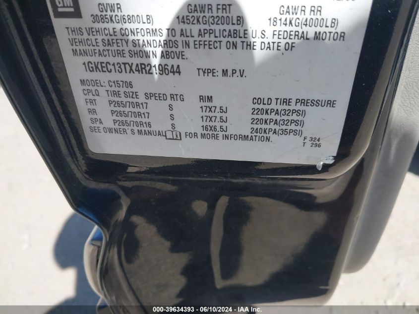 2004 GMC Yukon Slt VIN: 1GKEC13TX4R219644 Lot: 39634393