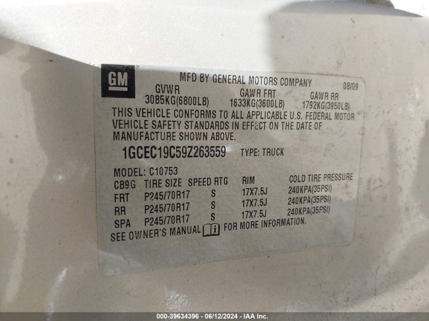 2009 Chevrolet Silverado 1500 Ls VIN: 1GCEC19C59Z263559 Lot: 39634396