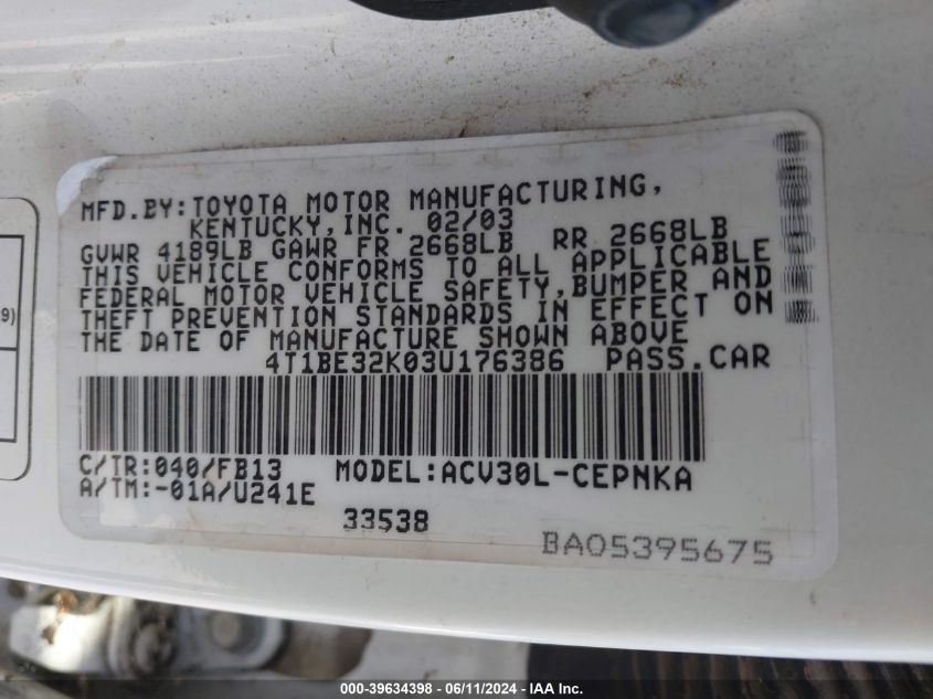 2003 Toyota Camry Le VIN: 4T1BE32K03U176386 Lot: 39634398