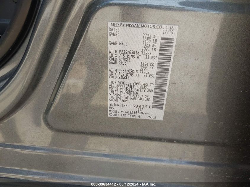 2020 Nissan Pathfinder Sv 2Wd VIN: 5N1DR2BN7LC599151 Lot: 39634412