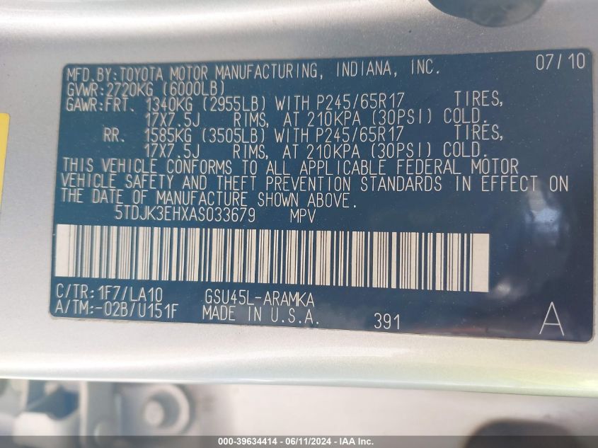 2010 Toyota Highlander Se V6 VIN: 5TDJK3EHXAS033679 Lot: 39634414