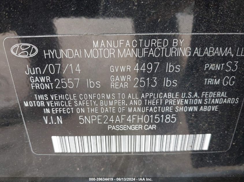 2015 Hyundai Sonata Se VIN: 5NPE24AF4FH015185 Lot: 39634419