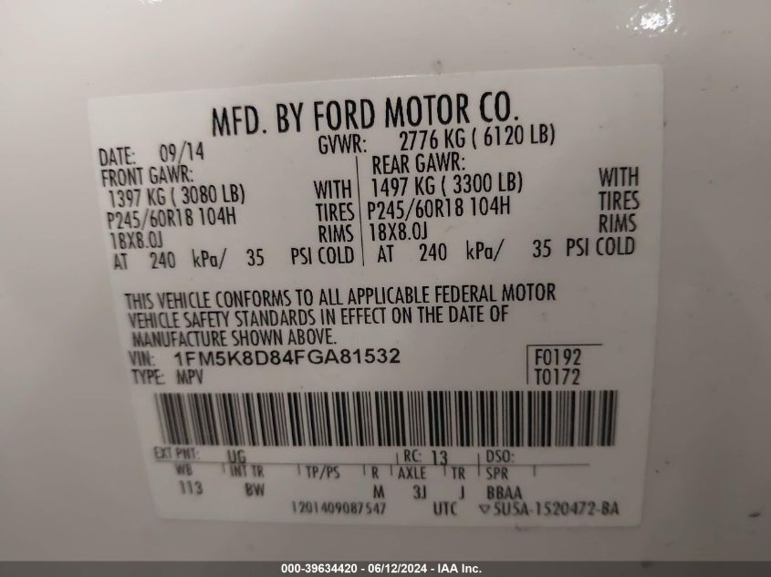2015 Ford Explorer Xlt VIN: 1FM5K8D84FGA81532 Lot: 39634420