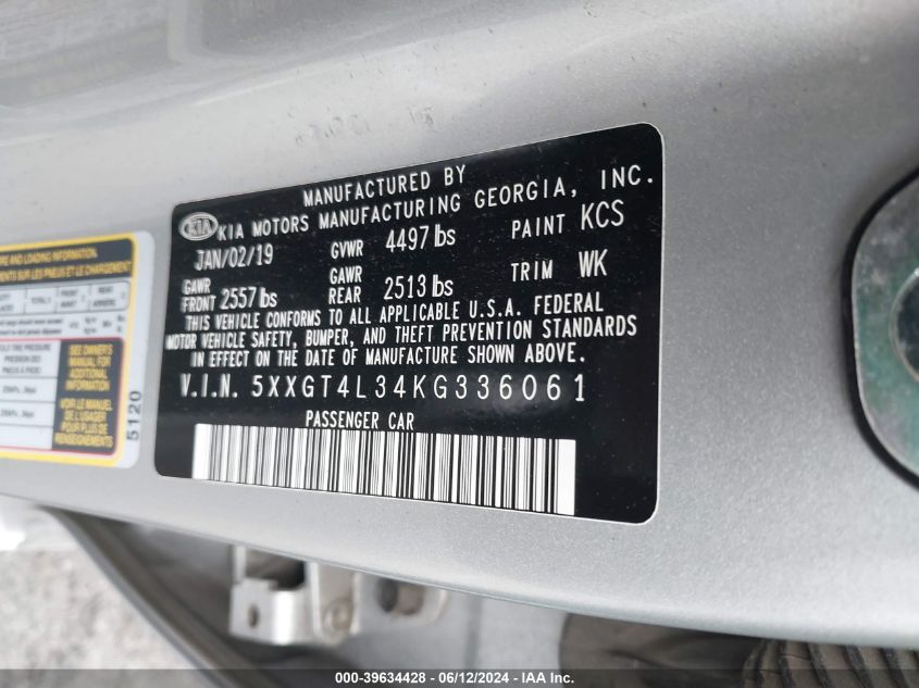 2019 Kia Optima Lx VIN: 5XXGT4L34KG336061 Lot: 39634428