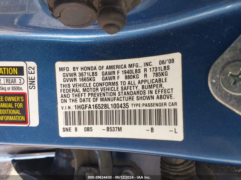 2008 Honda Civic Lx VIN: 1HGFA16528L100435 Lot: 39634430