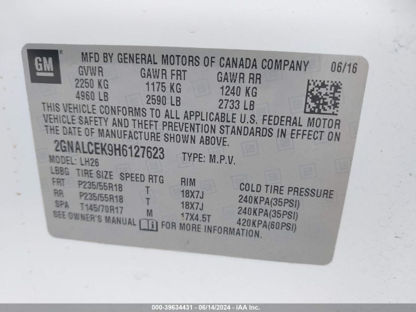 2017 Chevrolet Equinox Lt VIN: 2GNALCEK9H6127623 Lot: 39634431