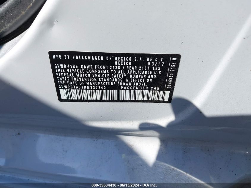 2017 Volkswagen Jetta 1.4T S VIN: 3VW2B7AJ1HM337740 Lot: 39634438