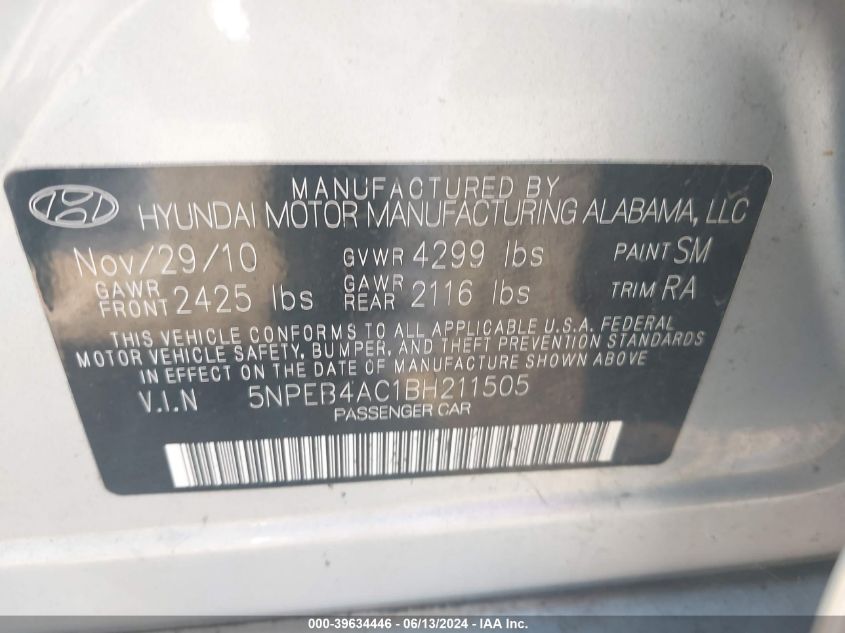 5NPEB4AC1BH211505 | 2011 HYUNDAI SONATA