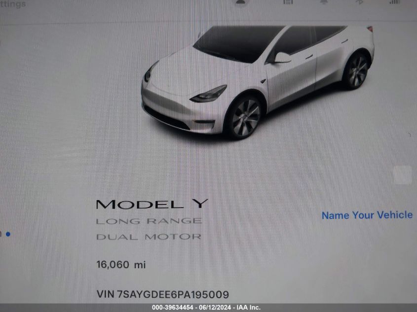 2023 Tesla Model Y Awd/Long Range Dual Motor All-Wheel Drive VIN: 7SAYGDEE6PA195009 Lot: 39634454