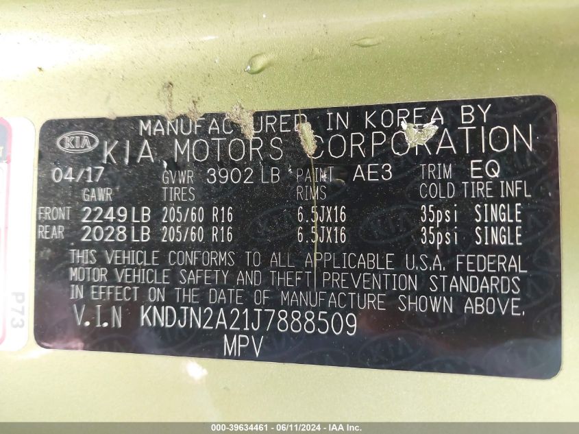 2018 Kia Soul VIN: KNDJN2A21J7888509 Lot: 39634461